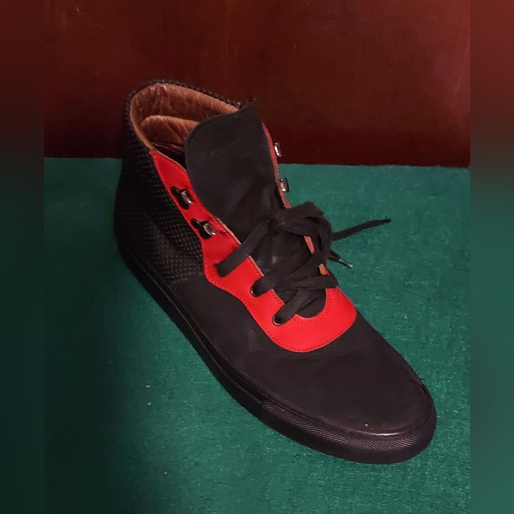 KURT GEIGER MEN'S BLACK & RED LEATHER & SUEDE HIGHTOP LACEUP OXFORDS SIZE 44/ 11